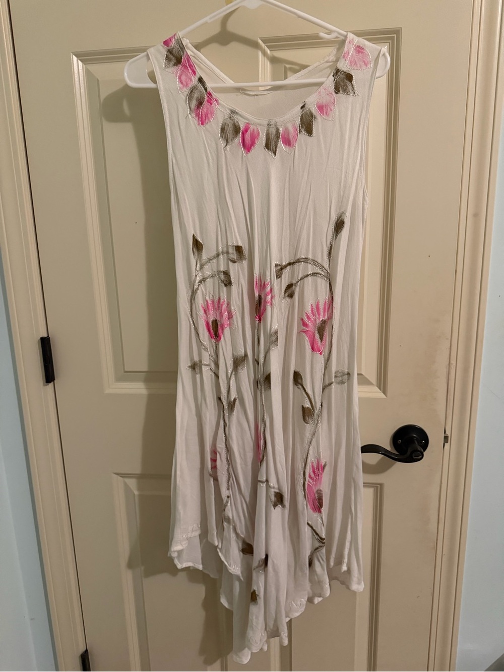 One Size White Floral Boho Dress with Pink Accents